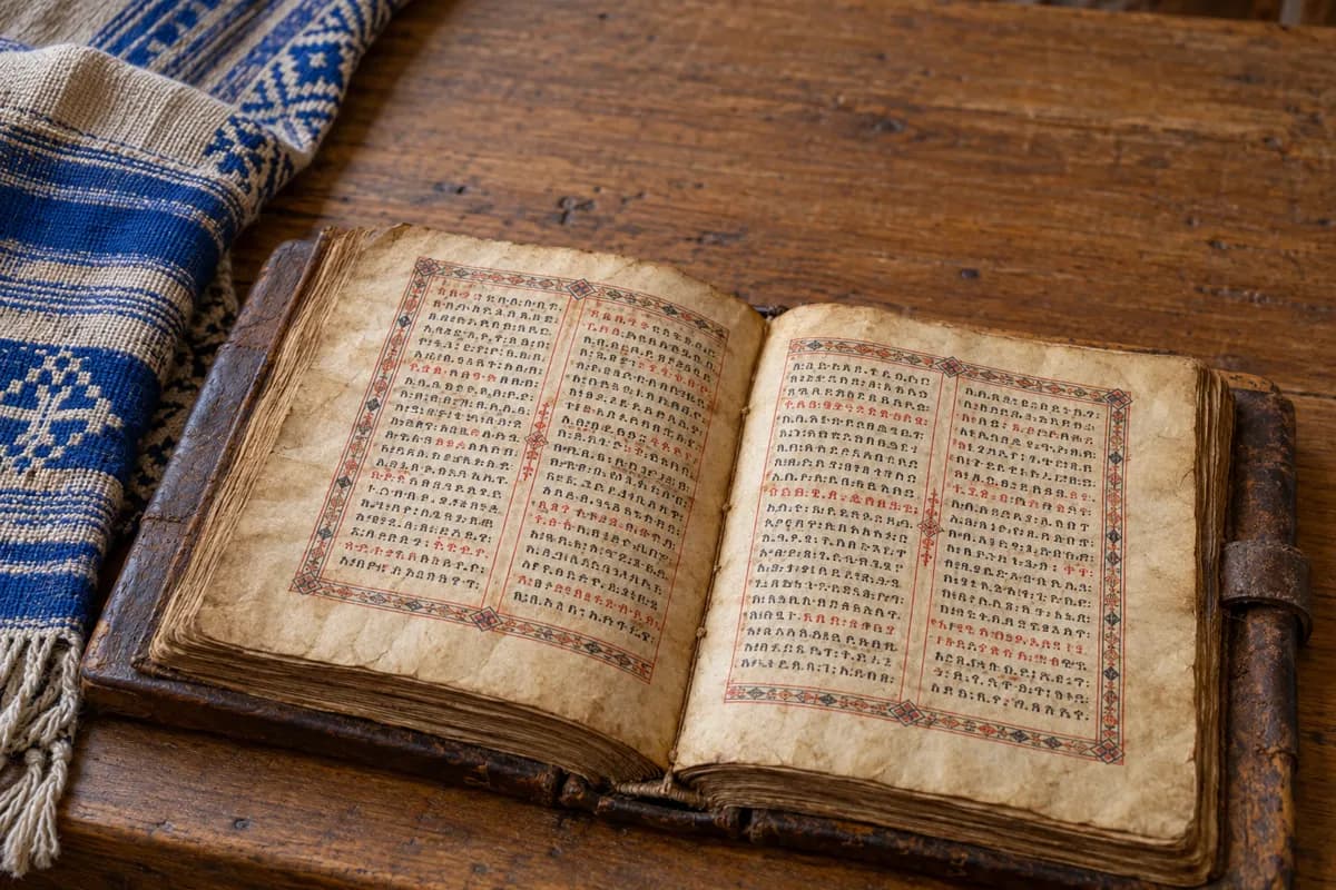 An open Ethiopian manuscript in Ge’ez script, with red and black ink and a decorated border