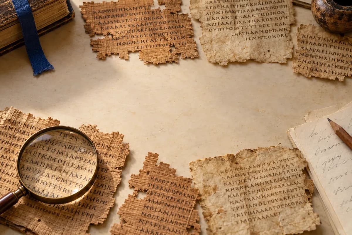 Greek manuscript fragments on papyrus and parchment, with a magnifying glass and a scholar’s notes