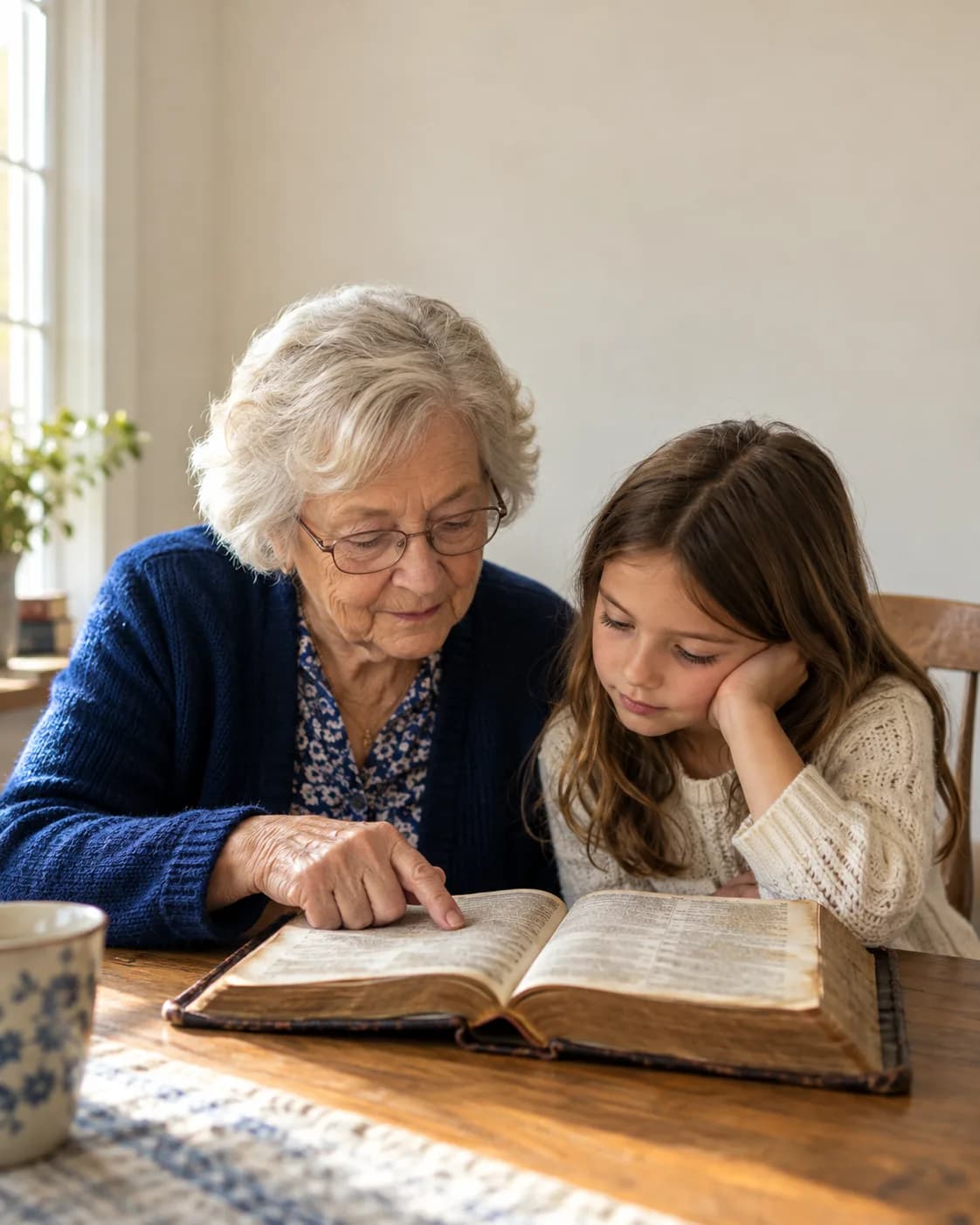 A grandmother and her granddaughter reading an old family Bible together at a table by the window